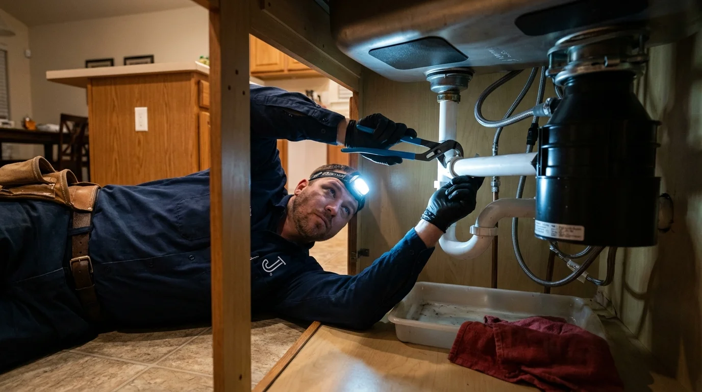 P-trap and supply line connections under a kitchen sink showing a common leak point in Lebanon, OH